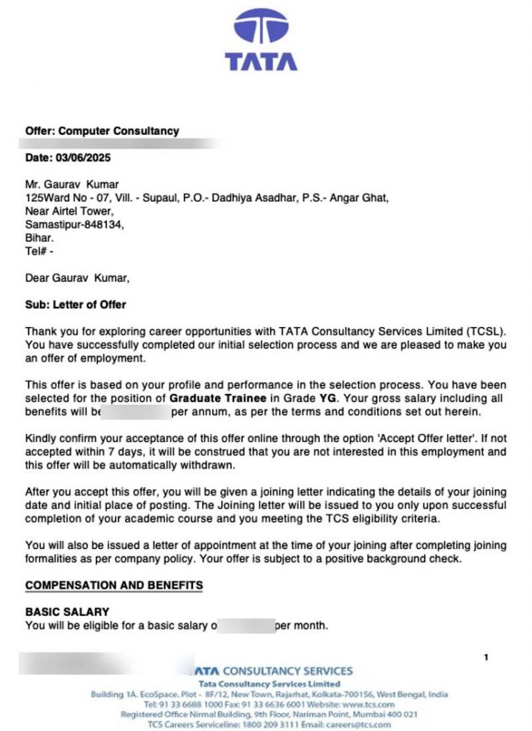 Letter of offer from Tata Consultancy Services TCS selecting CIMAGE Group of Institutions student Gaurav Kumar from Samastipur Bihar as Graduate Trainee Grade YG