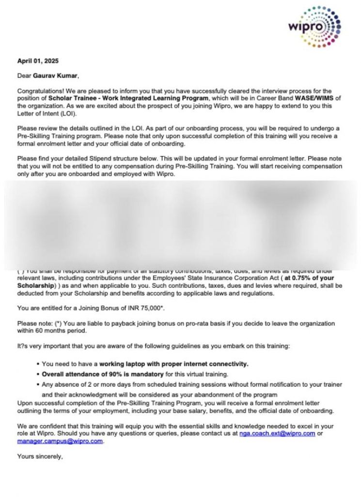 Letter of Intent from Wipro Technologies selecting CIMAGE Group of Institutions Patna student Gaurav Kumar as Scholar Trainee Work Integrated Learning Program