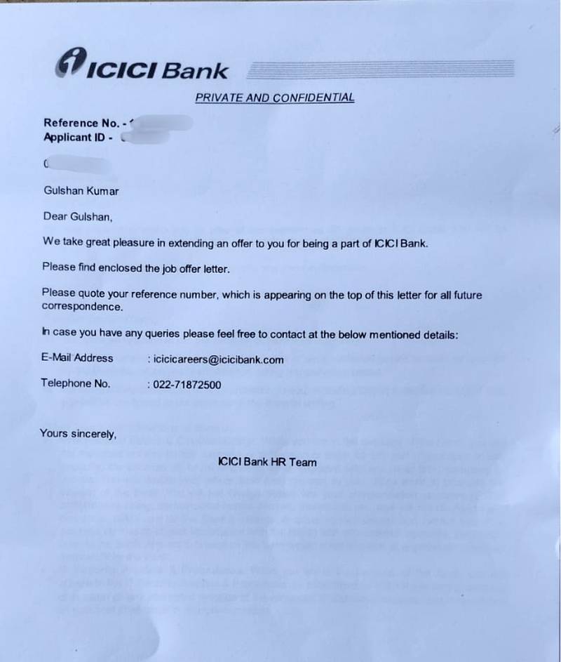 CIMAGE Group of Institutions Patna student Gulshan Kumar got placement at ICICI Bank offer letter