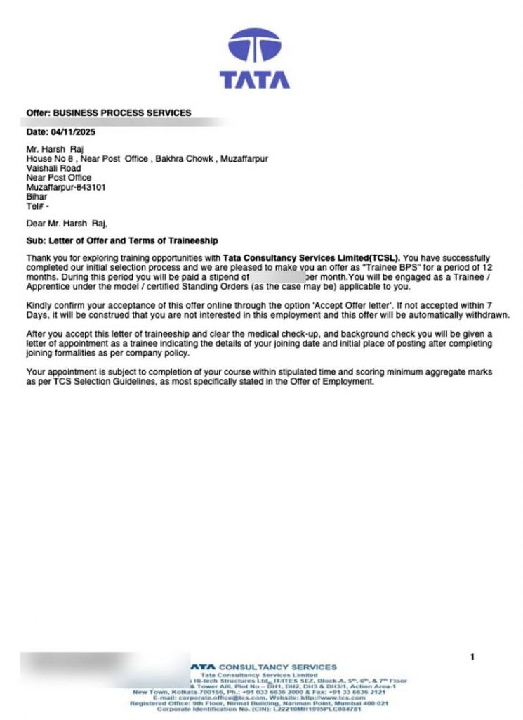 Letter of offer from Tata Consultancy Services TCS selecting CIMAGE Group of Institutions student Harsh Raj from Bakhra Chowk Muzaffarpur Bihar as Trainee Business Process Services
