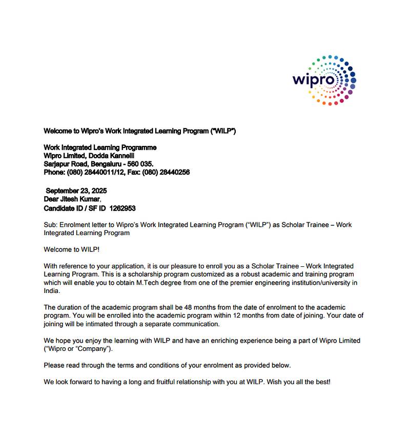 CIMAGE Group of Institutions Patna student Jitesh Kumar got placement at Wipro as Scholar Trainee in the Work Integrated Learning Program WILP M.Tech