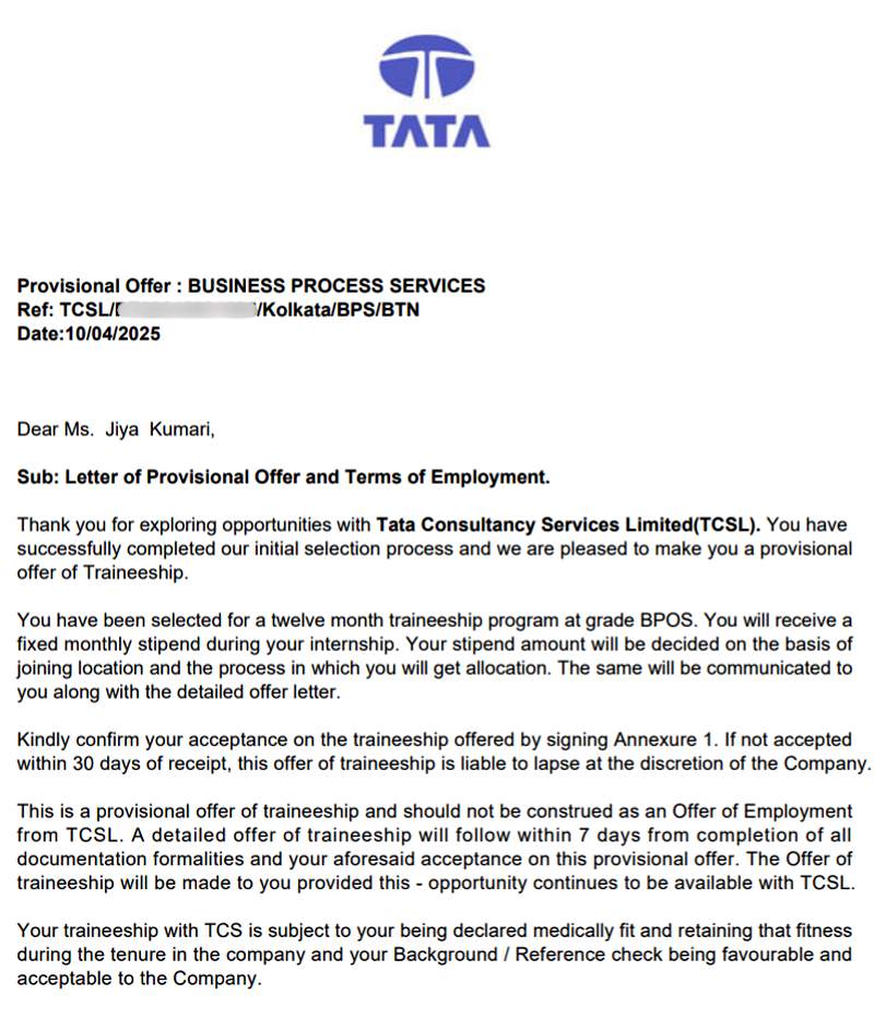 CIMAGE Group of Institutions Patna student Jiya Kumari got placement at Tata Consultancy Services TCS as Trainee BPS Business Process Services