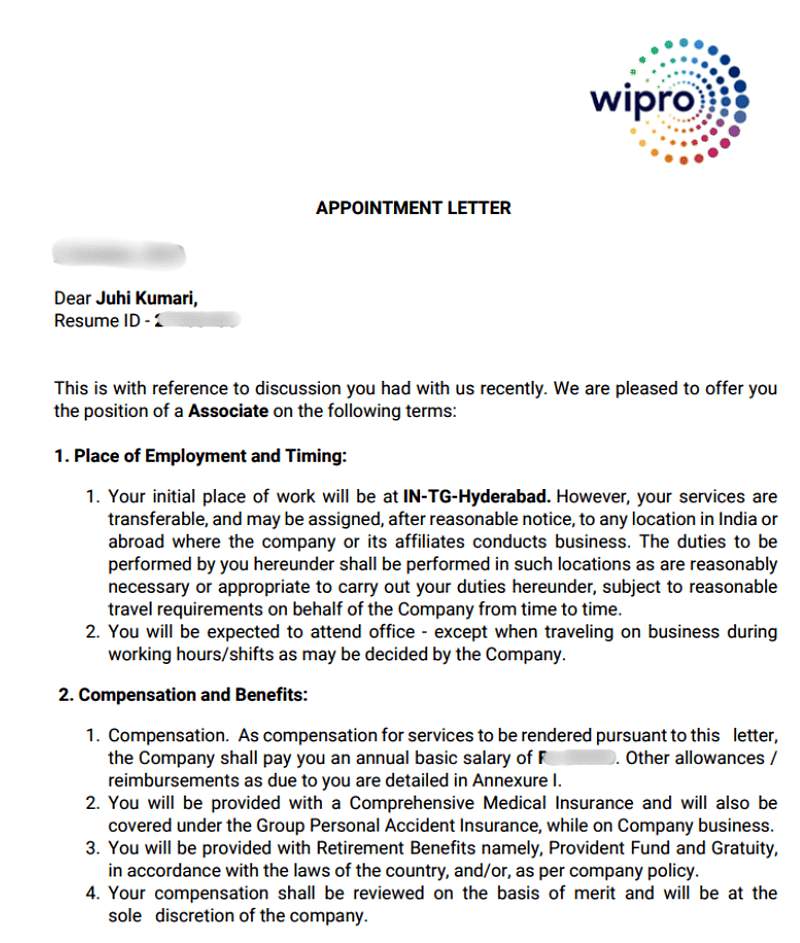 CIMAGE Group of Institutions Patna student Juhi Kumari got placement at Wipro Limited as Associate initial place of work Hyderabad