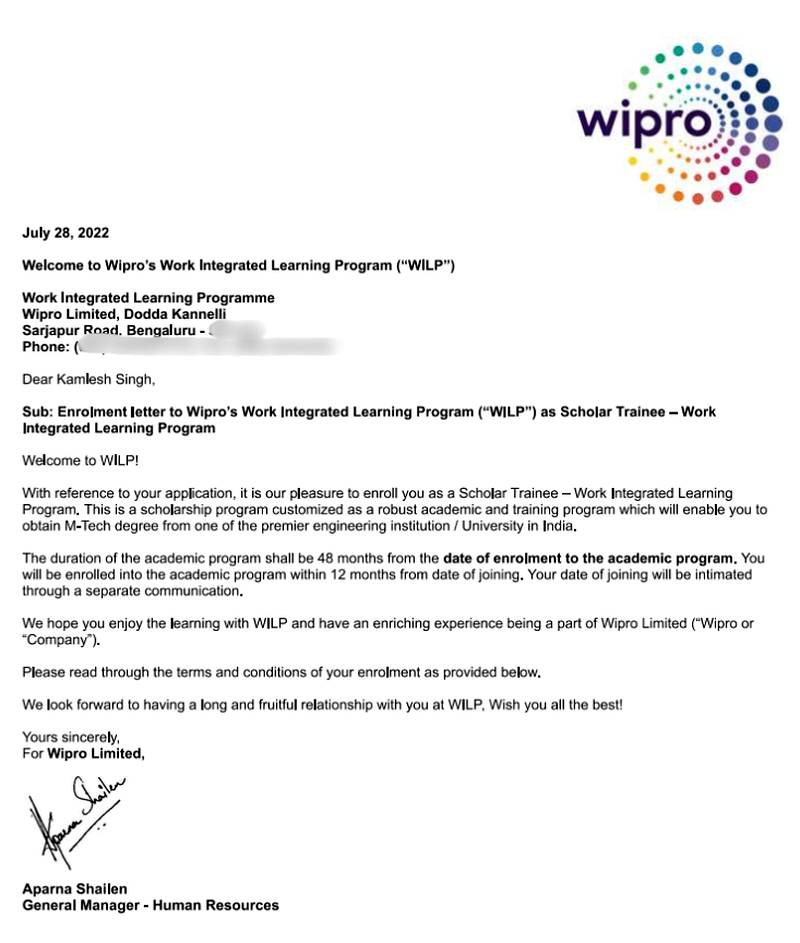 CIMAGE Group of Institutions Patna student Kamlesh Singh got placement at Wipro as Scholar Trainee in the Work Integrated Learning Program WILP M.Tech