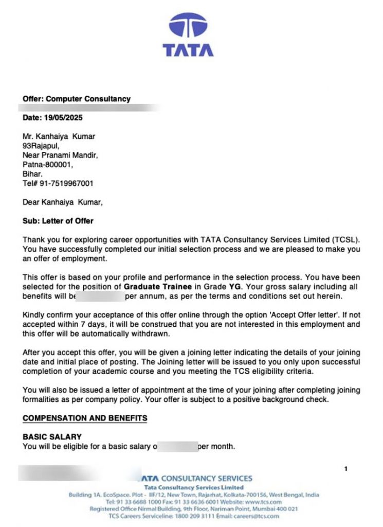 Letter of offer from Tata Consultancy Services TCS selecting CIMAGE Group of Institutions student Kanhaiya Kumar from Rajapul Patna Bihar as Graduate Trainee