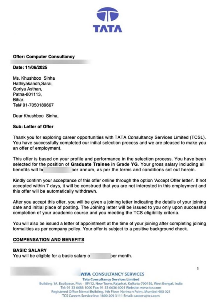Letter of offer from Tata Consultancy Services TCS selecting CIMAGE Group of Institutions student Khushboo Sinha from Hathiyakandh Sarai Goriya Asthan Patna Bihar as Graduate Trainee Grade YG