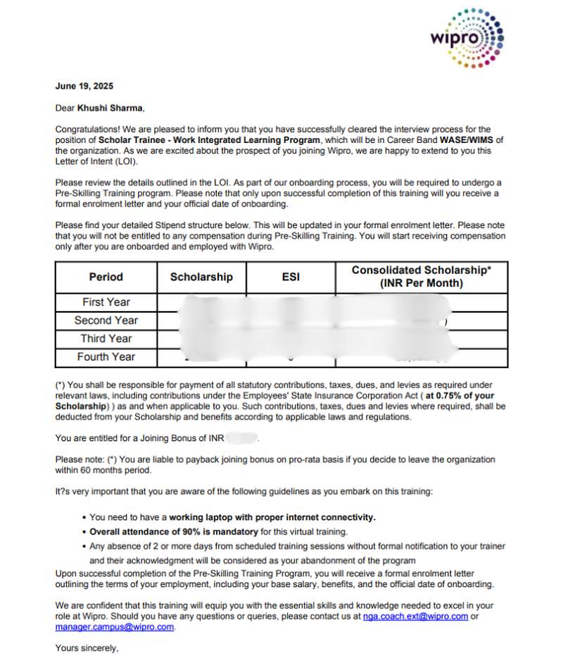CIMAGE Group of Institutions Patna student Khushi Sharma got placement at Wipro as Scholar Trainee in the Work Integrated Learning Program Career Band WASE WIMS