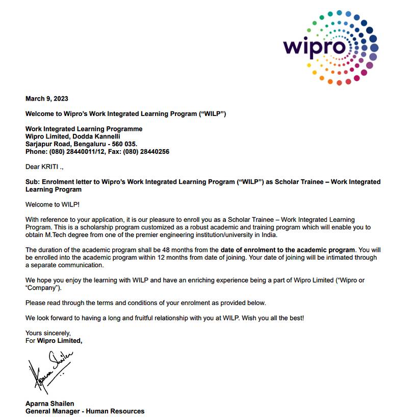 CIMAGE Group of Institutions Patna student Kriti got placement at Wipro as Scholar Trainee in the Work Integrated Learning Program WILP M.Tech