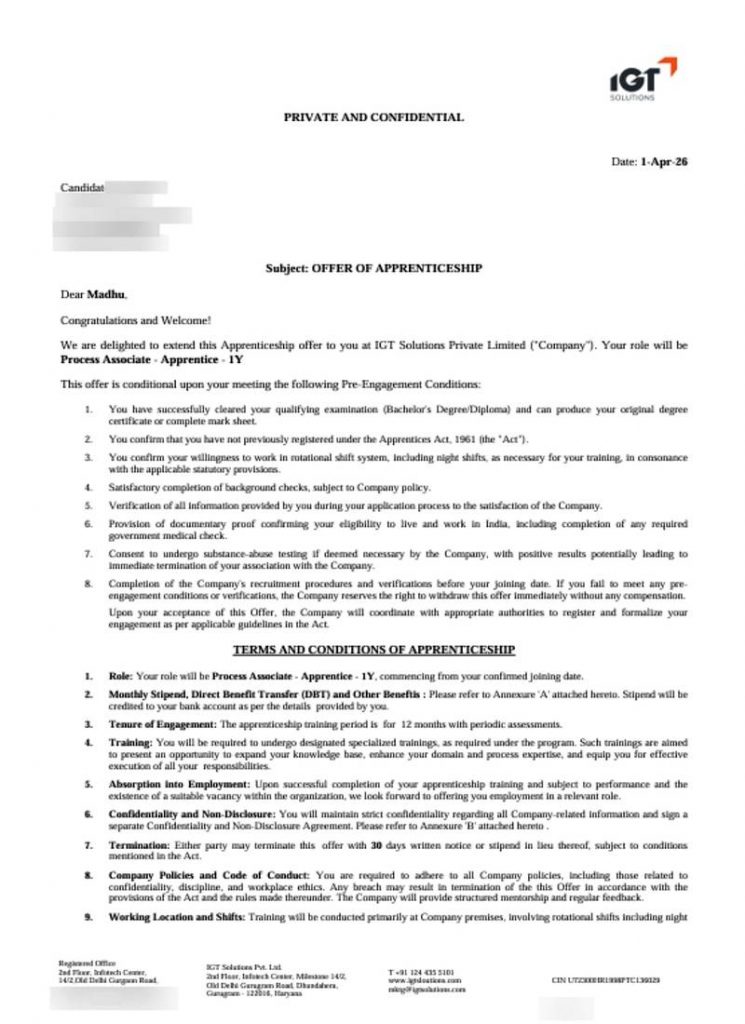 Offer of Apprenticeship letter from IGT Solutions Private Limited selecting CIMAGE Group of Institutions Patna student Madhu as Process Associate