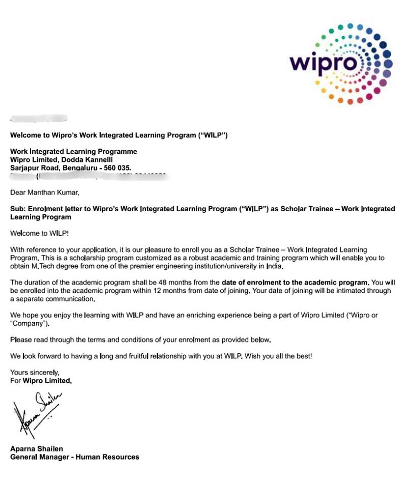 CIMAGE Group of Institutions Patna student Manthan Kumar got placement at Wipro as Scholar Trainee in the Work Integrated Learning Program WILP M.Tech