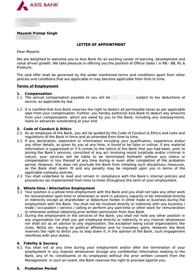 Letter of appointment from Axis Bank appointing CIMAGE Group of Institutions Patna student Mayank Pratap Singh as Officer Sales I in RB BB RL and Products division