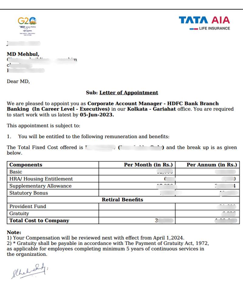 CIMAGE Group of Institutions Patna student MD Mehbul got placement at Tata AIA Life Insurance as Corporate Account Manager HDFC Bank Branch Banking channel Kolkata