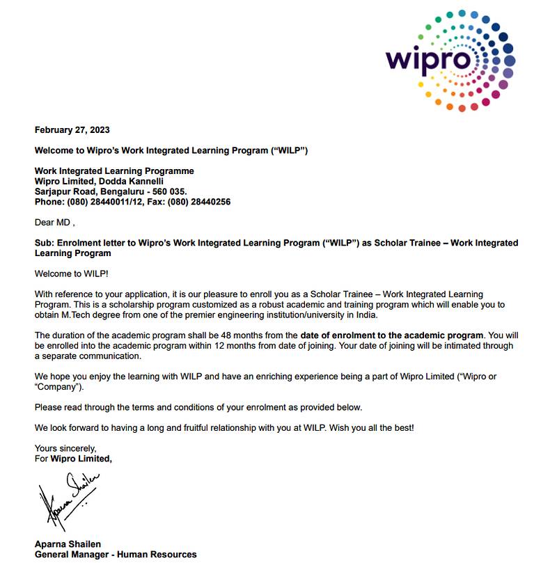 CIMAGE Group of Institutions Patna student MD Taufik got placement at Wipro as Scholar Trainee in the Work Integrated Learning Program WILP M.Tech