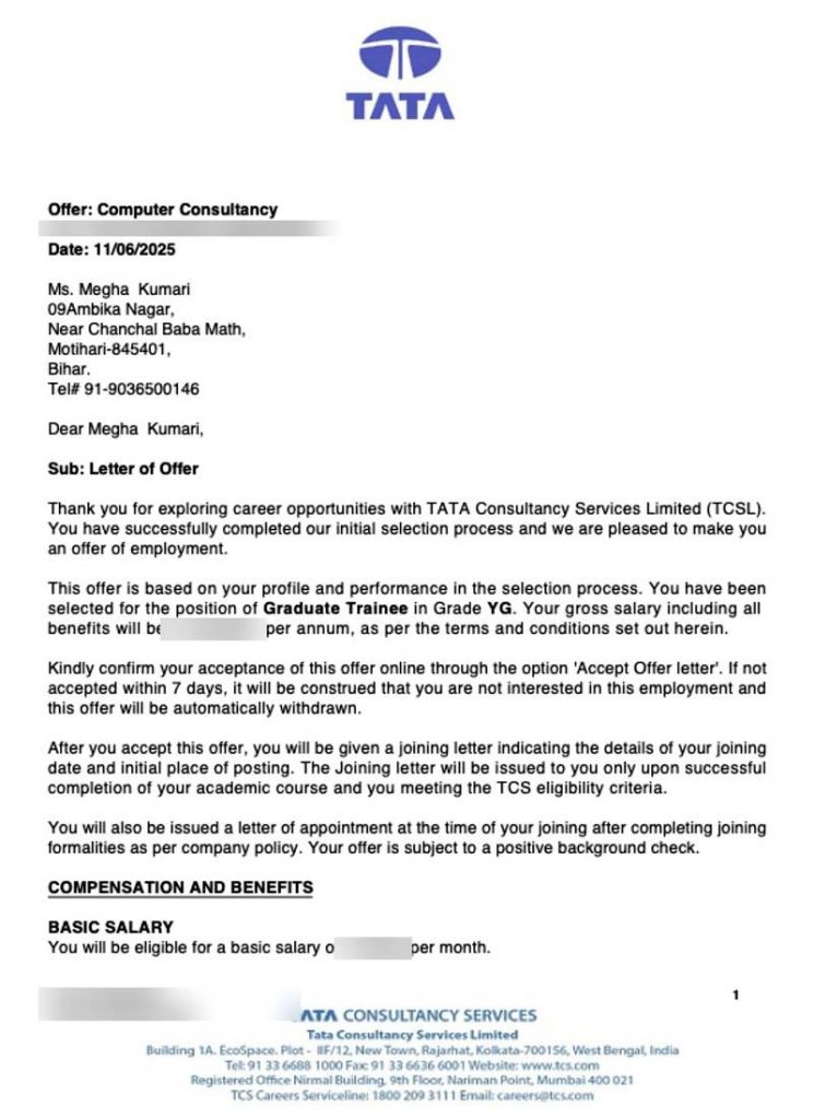 Letter of offer from Tata Consultancy Services TCS selecting CIMAGE Group of Institutions student Megha Kumari from Motihari Bihar as Graduate Trainee Grade YG