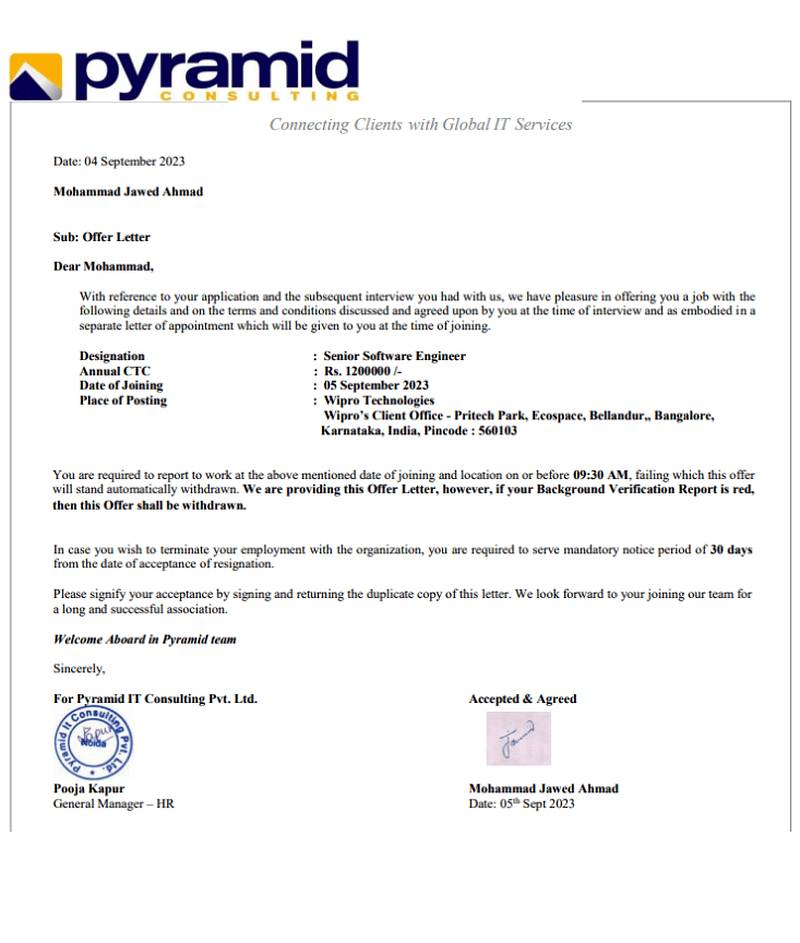 CIMAGE Group of Institutions Patna student Mohammad Jawed Ahmad got placement as Senior Software Engineer at Pyramid IT Consulting with 12 LPA CTC posted at Wipro client office Bangalore