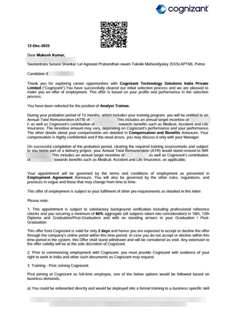 Offer letter from Cognizant Technology Solutions India Private Limited selecting student Mukesh Kumar from Swatantrata Senani Shankar Lal Agrawal Prabandhan ewam Takniki Mahavidyalay SSSLAPTM Patna as Analyst Trainee