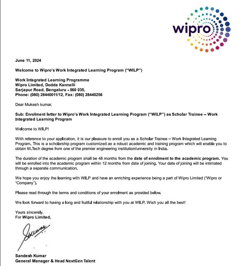 CIMAGE Group of Institutions Patna student Mukesh Kumar got placement at Wipro as Scholar Trainee in the Work Integrated Learning Program WILP M.Tech