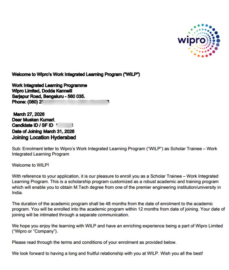 CIMAGE Group of Institutions Patna student Muskan Kumari got placement at Wipro as Scholar Trainee in the Work Integrated Learning Program WILP M.Tech