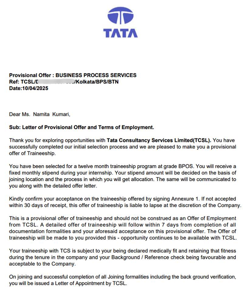 CIMAGE Group of Institutions Patna student Namita Kumari got placement at Tata Consultancy Services TCS as Trainee BPS Business Process