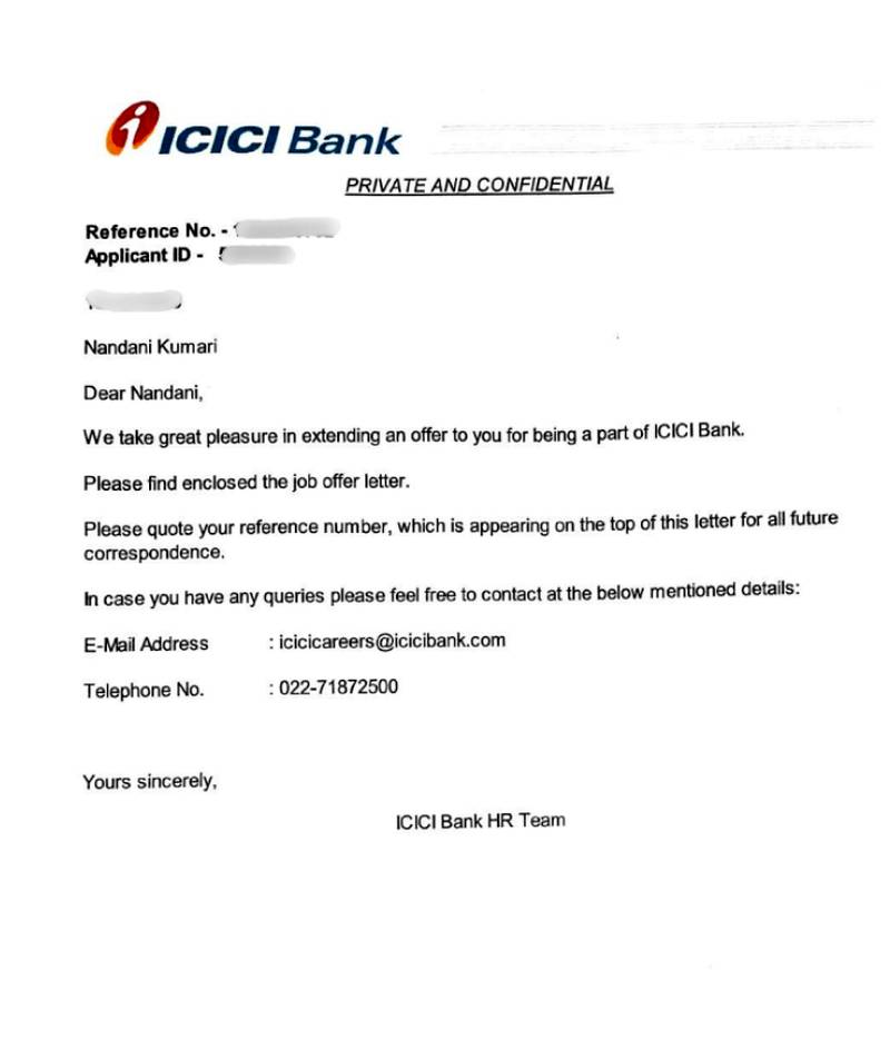 CIMAGE Group of Institutions Patna student Nandani Kumari got placement at ICICI Bank offer letter