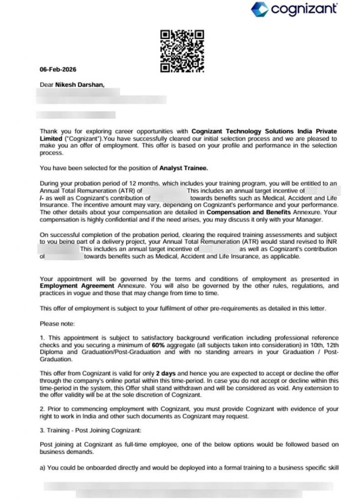 Offer letter from Cognizant Technology Solutions India Private Limited selecting CIMAGE Group of Institutions Patna student Nikesh Darshan as Analyst Trainee