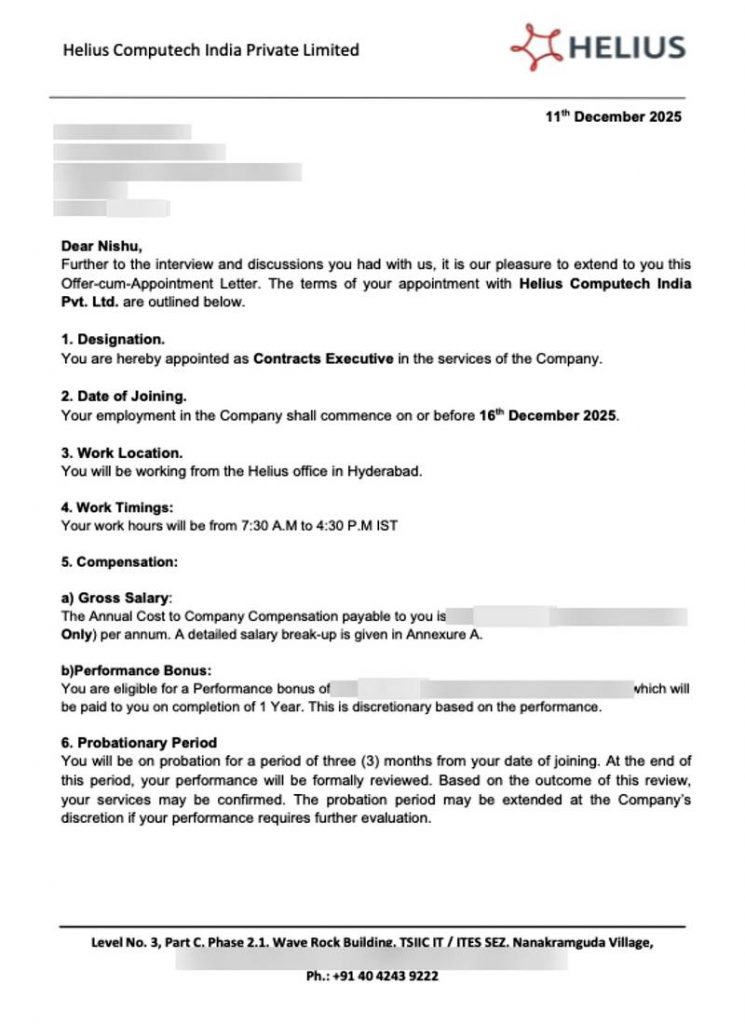 Offer cum appointment letter from Helius Computech India Private Limited appointing CIMAGE Group of Institutions Patna student Nishu as Contracts Executive at Hyderabad TSIIC IT ITES SEZ office