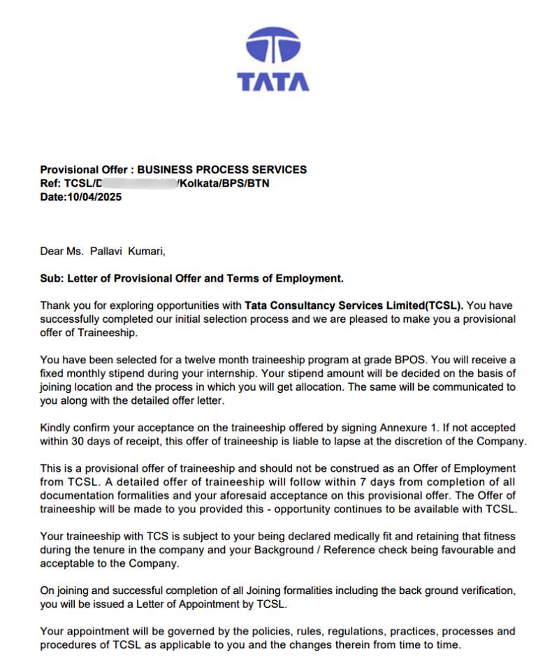 CIMAGE Group of Institutions Patna student Pallavi Kumari got placement at Tata Consultancy Services TCS as Trainee BPS Business Process Services