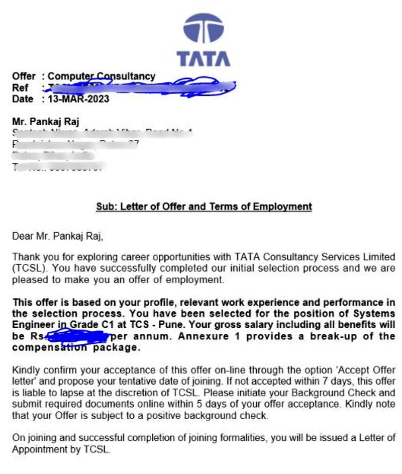 CIMAGE Group of Institutions Patna student Pankaj Raj got placement at Tata Consultancy Services TCS as Systems Engineer Grade C1 Pune