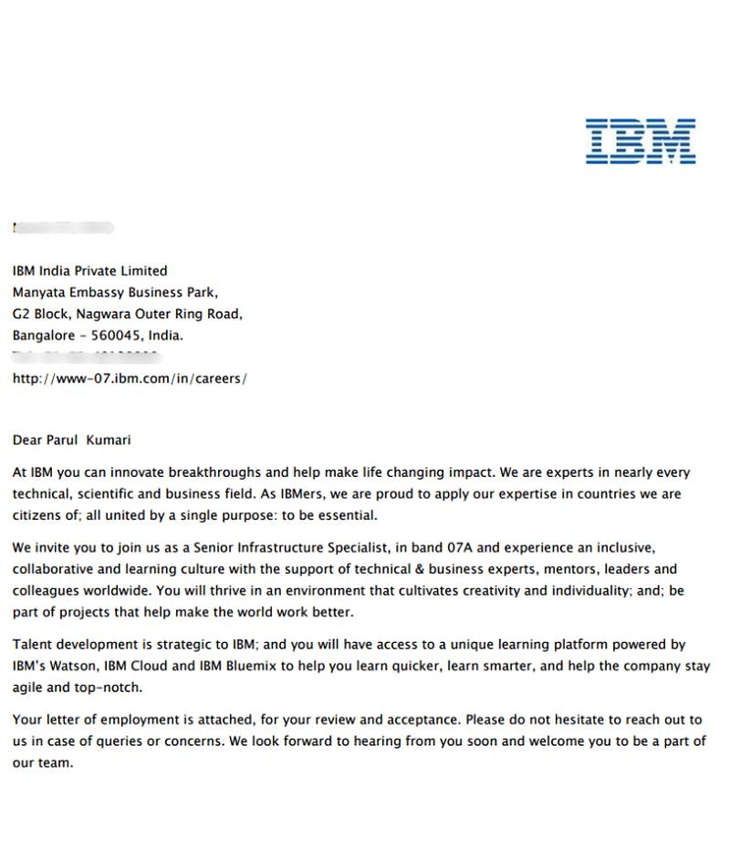 CIMAGE Group of Institutions Patna student Parul Kumari got placement at IBM India as Senior Infrastructure Specialist Band 07A Bangalore