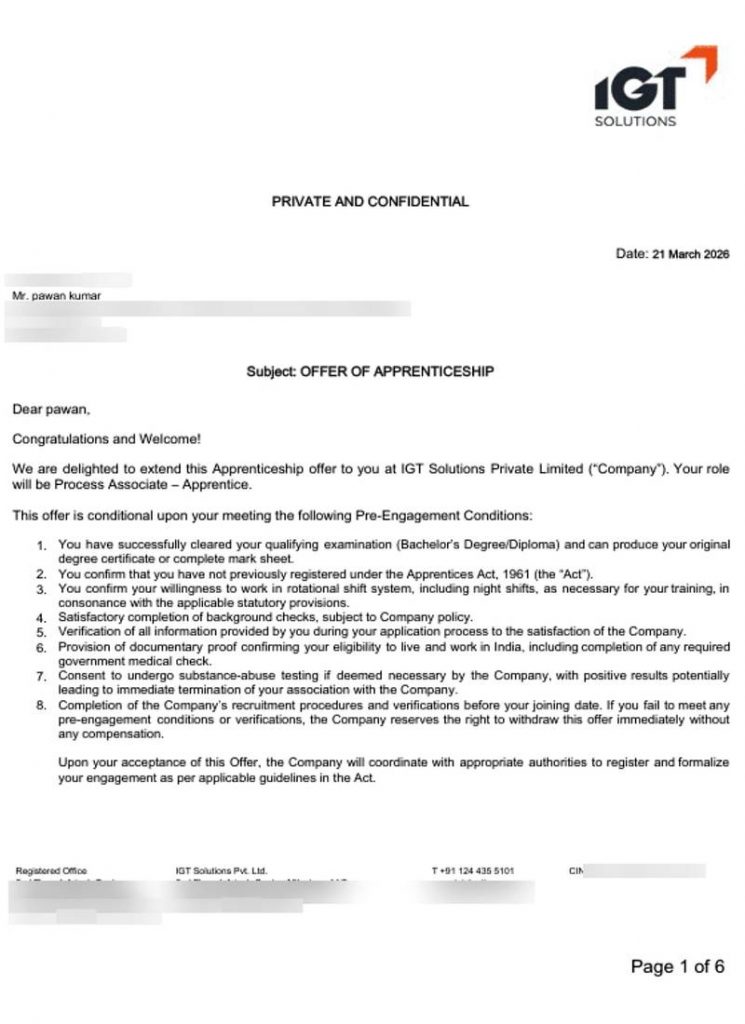 Offer of Apprenticeship letter from IGT Solutions Private Limited selecting CIMAGE Group of Institutions Patna student Pawan Kumar as Process Associate Apprentice