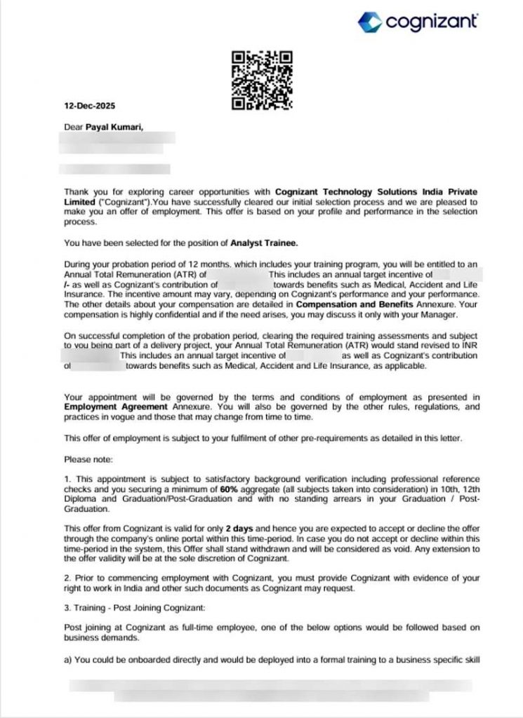 Offer letter from Cognizant Technology Solutions India Private Limited selecting CIMAGE Group of Institutions Patna student Payal Kumari as Analyst Trainee