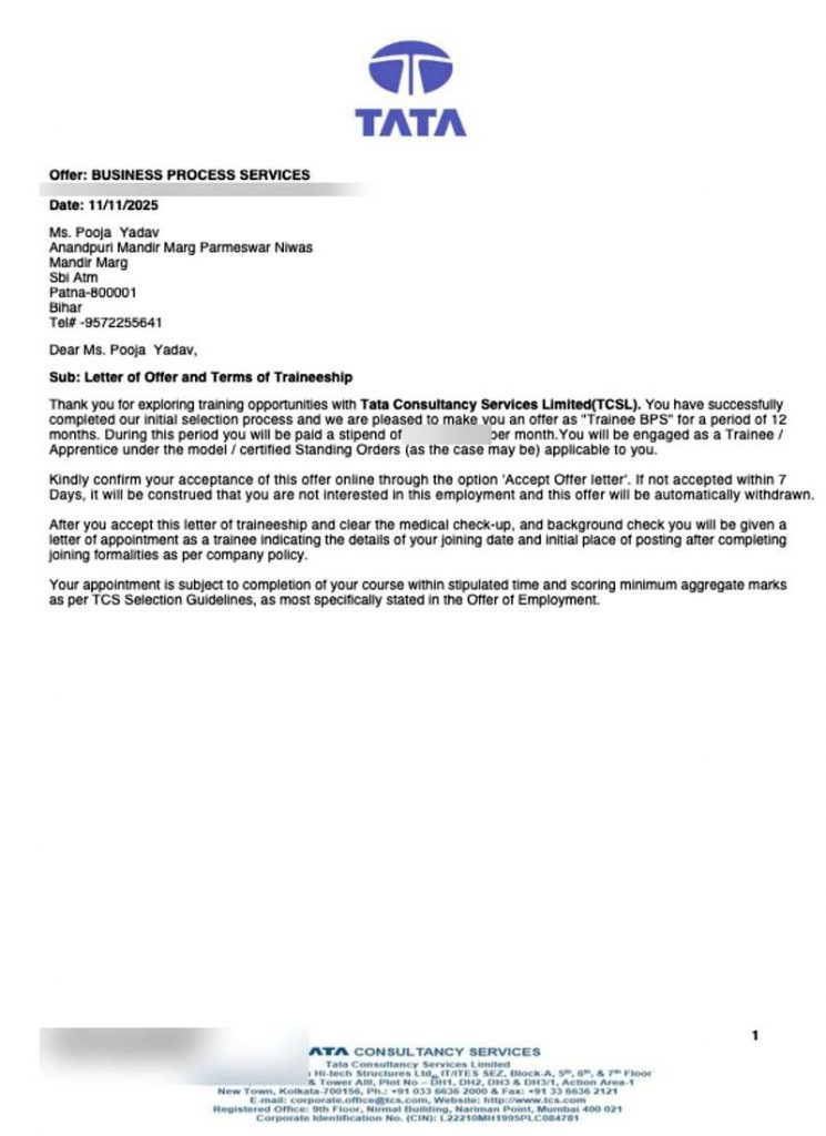 Letter of offer from Tata Consultancy Services TCS selecting CIMAGE Group of Institutions student Pooja Yadav as Trainee Business Process Services