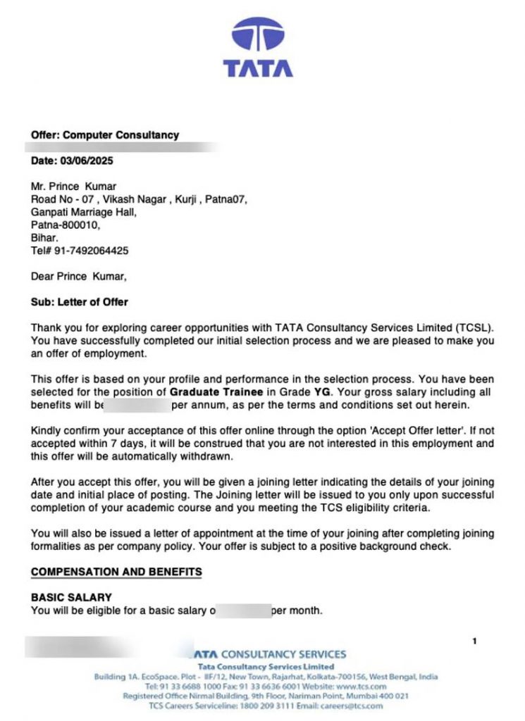 Letter of offer from Tata Consultancy Services TCS selecting CIMAGE Group of Institutions student Prince Kumar from Vikash Nagar Kurji Patna Bihar as Graduate Trainee Grade YG