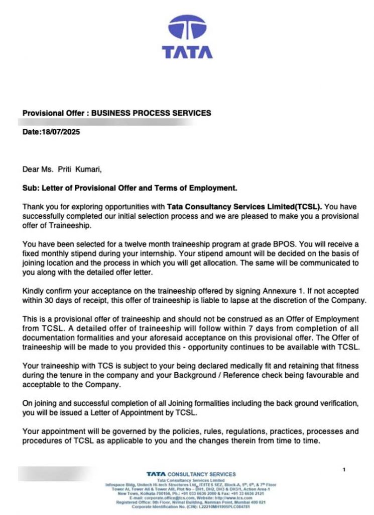 Provisional offer letter from Tata Consultancy Services TCS selecting CIMAGE Group of Institutions Patna student Priti Kumari as Trainee Business Process Services