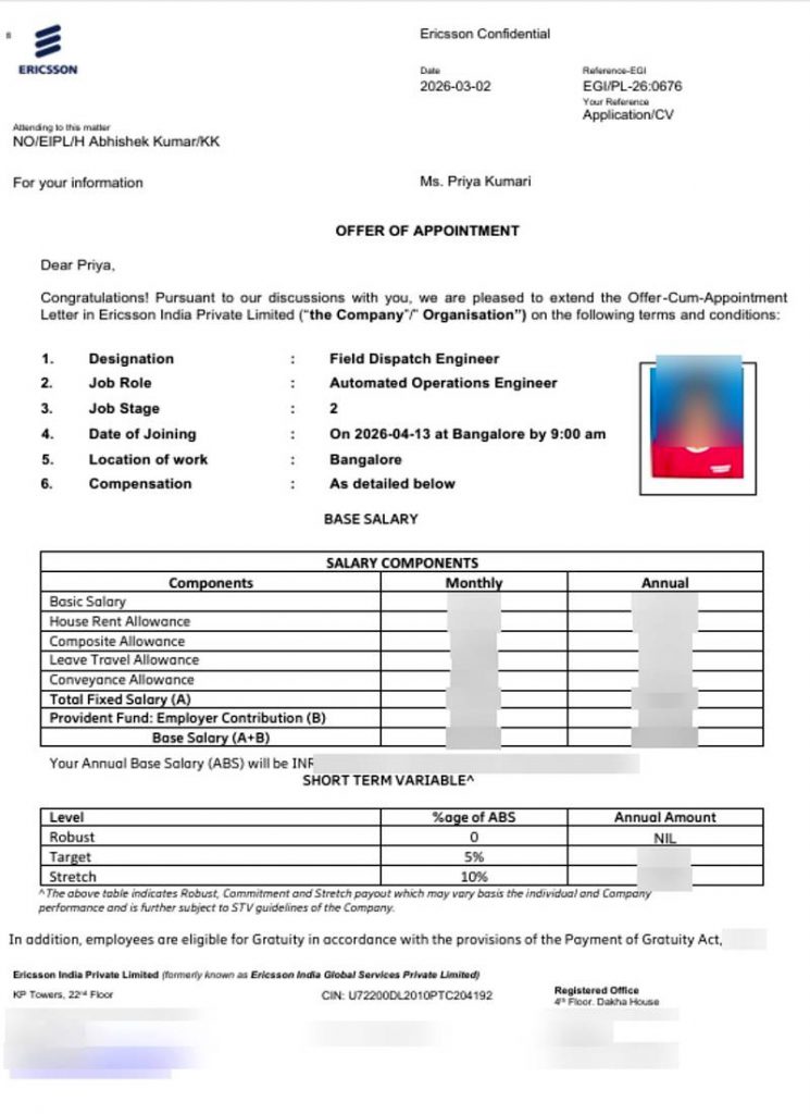 Offer of appointment from Ericsson India Private Limited appointing CIMAGE Group of Institutions Patna student Priya Kumari as Field Dispatch Engineer
