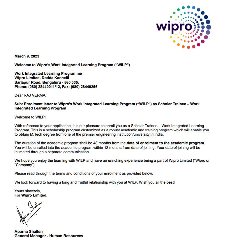 CIMAGE Group of Institutions Patna student Raj Verma got placement at Wipro as Scholar Trainee in the Work Integrated Learning Program WILP M.Tech