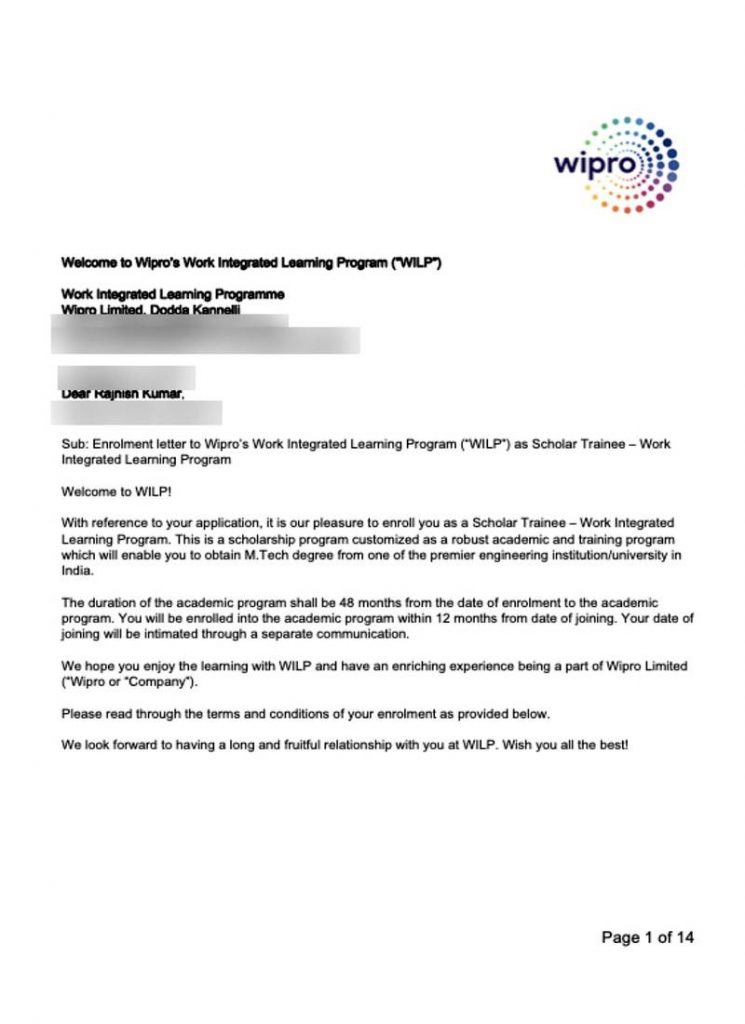 Enrolment letter from Wipro Limited selecting CIMAGE Group of Institutions Patna student Rajnish Kumar as Scholar Trainee in Work Integrated Learning Program WILP with M Tech degree from premier engineering institution