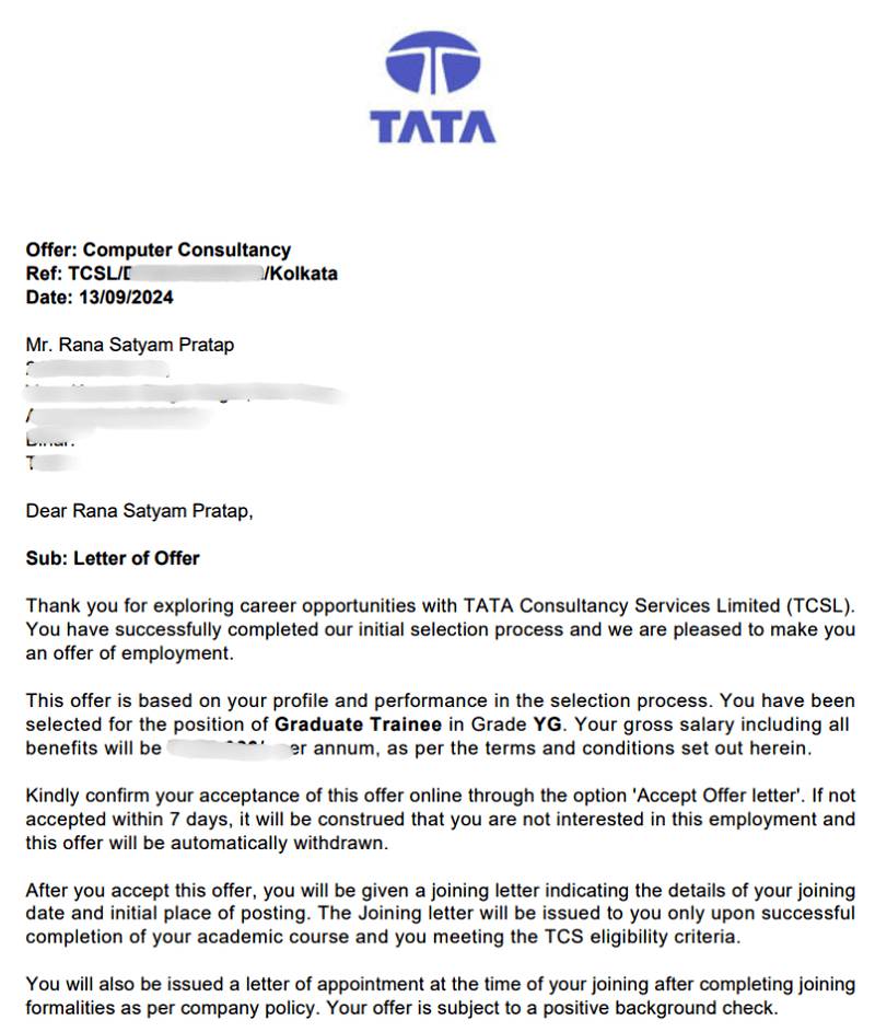 CIMAGE Group of Institutions Patna student Rana Satyam Pratap got placement at Tata Consultancy Services TCS as Graduate Trainee Grade YG