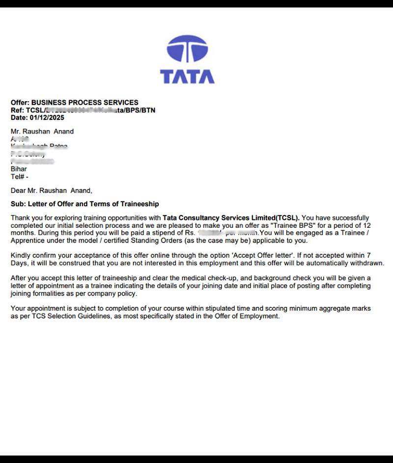 CIMAGE Group of Institutions Patna student Raushan Anand got placement at Tata Consultancy Services TCS as Trainee BPS Business Process Services