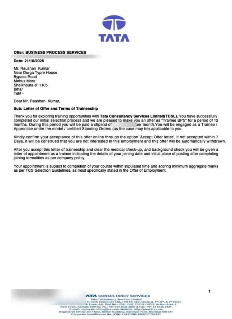 Letter of offer from Tata Consultancy Services TCS selecting CIMAGE Group of Institutions student Raushan Kumar from Sheikhpura Bihar as Trainee Business Process Services BPS