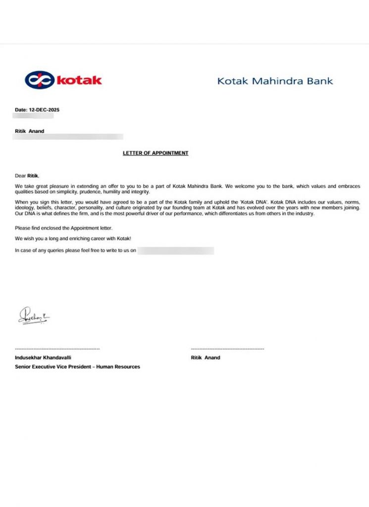 Letter of appointment from Kotak Mahindra Bank appointing CIMAGE Group of Institutions Patna student Ritik Anand