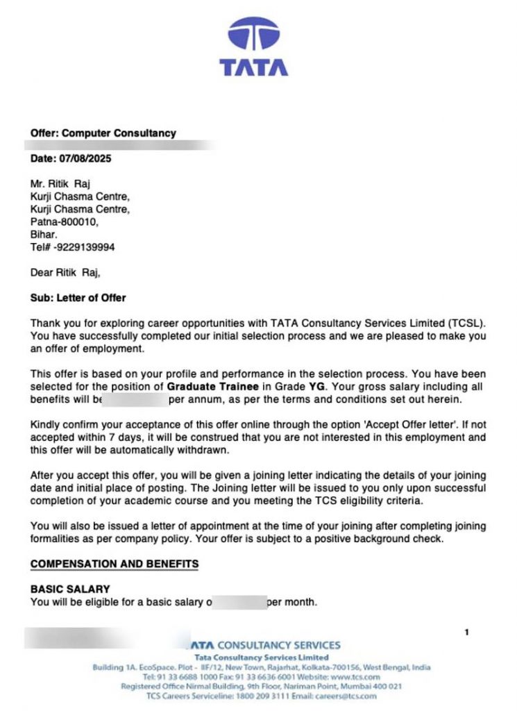 Letter of offer from Tata Consultancy Services TCS selecting CIMAGE Group of Institutions student Ritik Raj as Graduate Trainee Grade