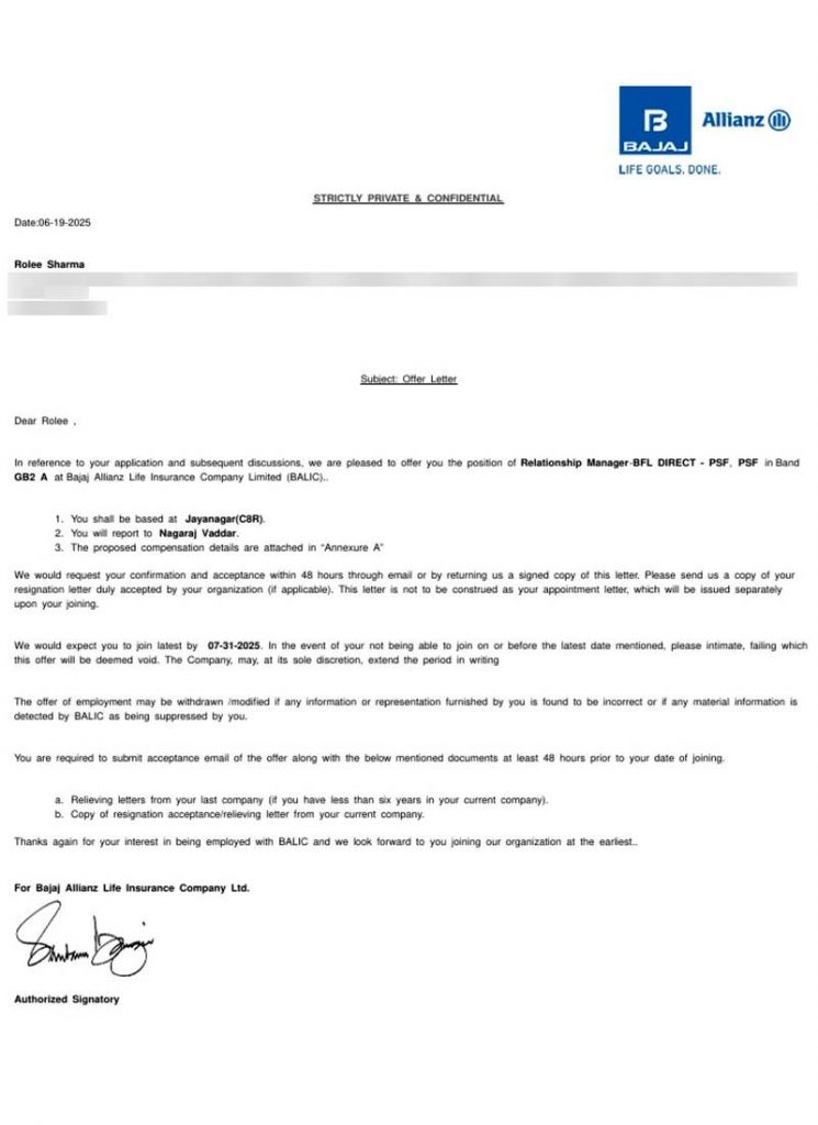 Offer letter from Bajaj Allianz Life Insurance Company Limited BALIC appointing CIMAGE Group of Institutions Patna student Rolee Sharma as Relationship Manager BFL Direct PSF Band GB2 A Jayanagar