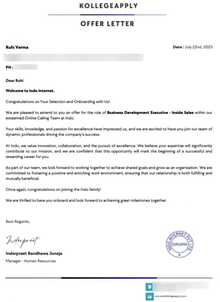 Offer letter from Indo Internet Private Limited KollegeApply appointing CIMAGE Group of Institutions Patna student Ruhi Verma as Business Development Executive Inside Sales Gurugram