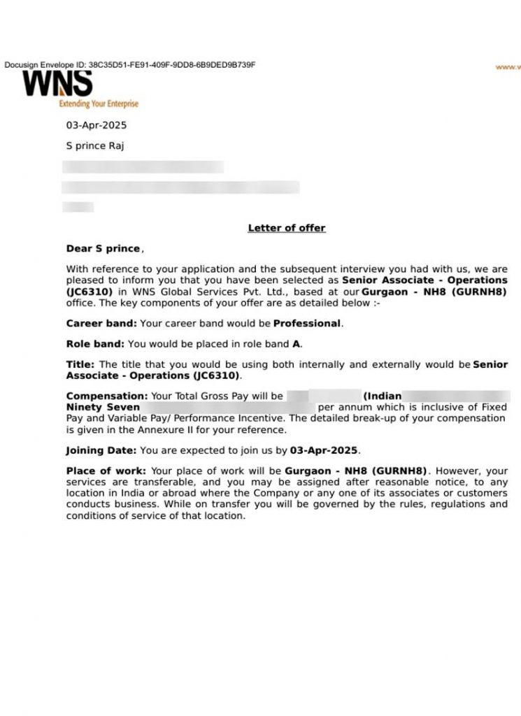 Letter of offer from WNS Global Services Private Limited selecting CIMAGE Group of Institutions Patna student S Prince Raj as Senior Associate Operations JC6310 Professional Career Band Role Band A Gurugram