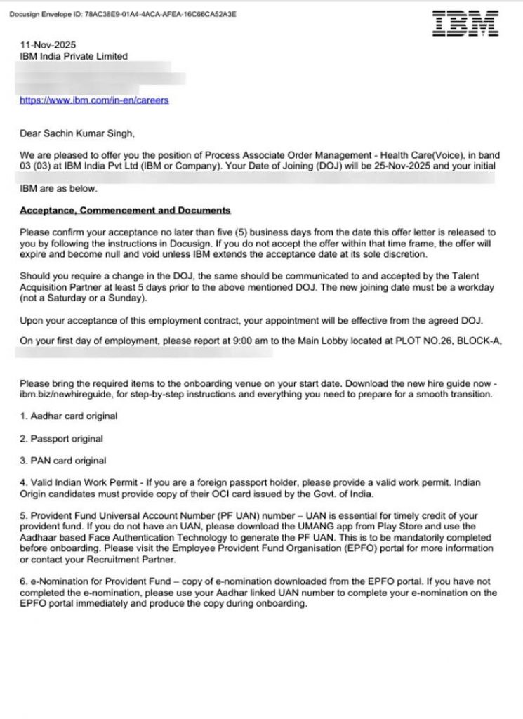Offer letter from IBM India Private Limited appointing CIMAGE Group of Institutions Patna student Sachin Kumar Singh as Process Associate Order Management Health Care