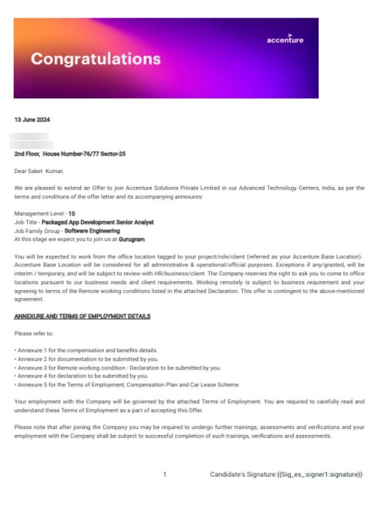 Offer letter from Accenture Solutions Private Limited selecting CIMAGE Group of Institutions Patna student Saket Kumar as Packaged App Development Senior Analyst Management Level 10 Software Engineering Gurugram Advanced Technology Centers