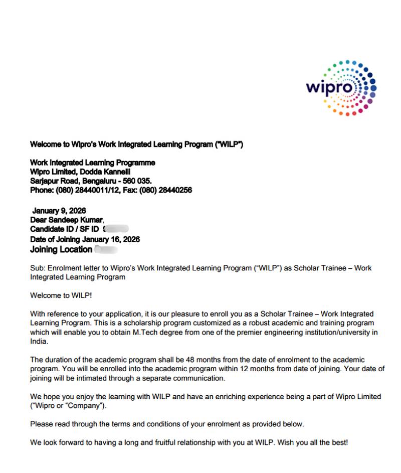 CIMAGE Group of Institutions Patna student Sandeep Kumar got placement at Wipro as Scholar Trainee in the Work Integrated Learning Program WILP M.Tech