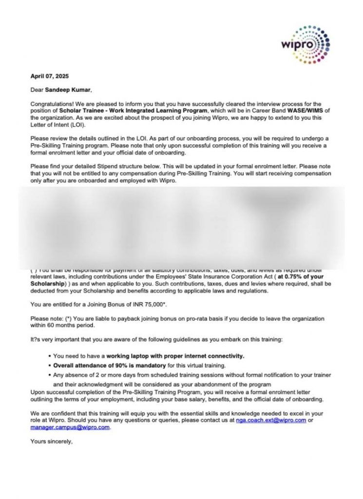 Letter of Intent from Wipro Technologies selecting CIMAGE Group of Institutions Patna student Sandeep Kumar as Scholar Trainee Work Integrated Learning Program