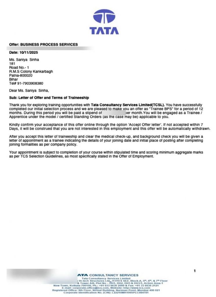 Letter of offer from Tata Consultancy Services TCS selecting CIMAGE Group of Institutions Patna student Saniya Sinha as Trainee Business Process Services